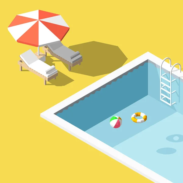 Vector illustration Isometric low poly Chaise lounges in swimming pool — Stock Vector