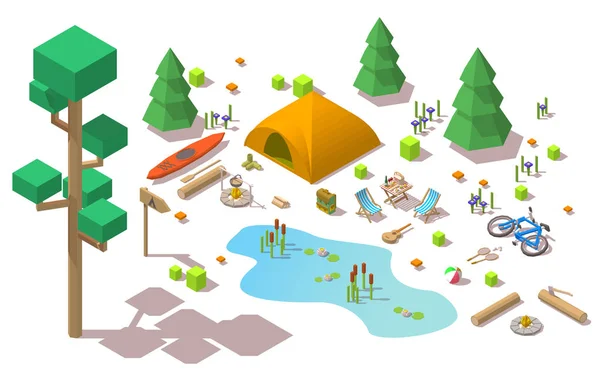 Vector isometric 3d low poly elements in the camping site Vector Graphics