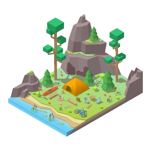 Vector isometric 3d low poly elements in the camping site Royalty Free Stock Vectors