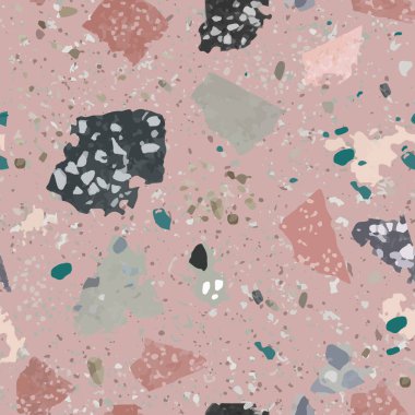 Terrazzo zemin mermeri, dikişsiz el yapımı desen. Geleneksel Venedik materyali.Granit ve kuvars taşları ve serpintileri cilalanmış yüzeylere karıştırılır. Mimari tasarımlar için soyut vektör arkaplanı