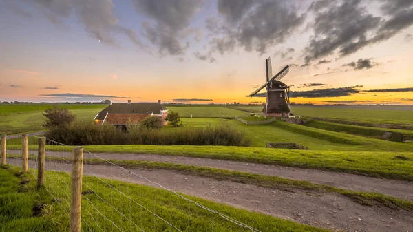 잔디 낙농 풍경에 네덜란드 나무 풍차 — 스톡 사진
