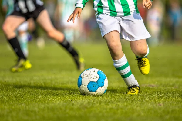 Children playing soccer sport on natural grass pitch