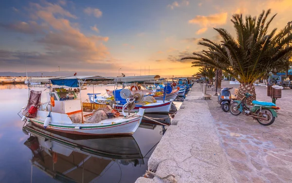 Greek Fishing boats harbor scene — Stock Photo, Image
