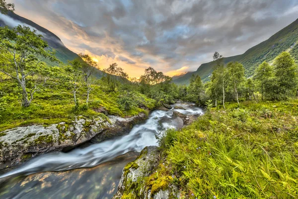 Pôr do sol sobre o pequeno rio através da floresta de bétulas na Noruega — Fotografia de Stock