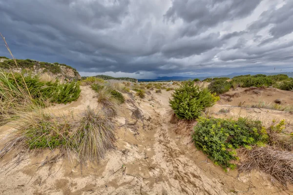 Dune Vegetation Voidokilia Beach Dark Cloudede Sky One Most Beautiful — Stock Photo, Image