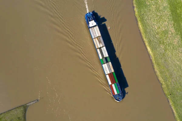 Cargo vessel River Lek aerial view — Stock Photo, Image