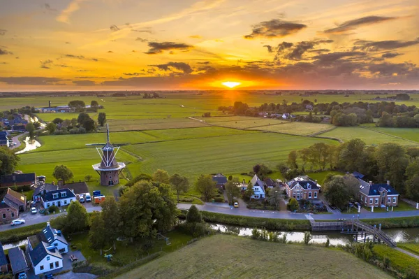 Aerial View Sunset Dutch Village Agricultural Countryside Landscape Groningen Netherlands — Stock Photo, Image