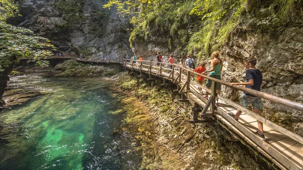 Soteska Vintgar Gorge Con Turisti Piedi Sul Lungomare Lungo Fiume — Foto Stock
