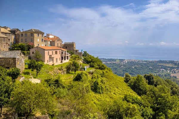 Mountain Village San Nicolao Com Vista Sobre Mar Mediterrâneo Córsega — Fotografia de Stock