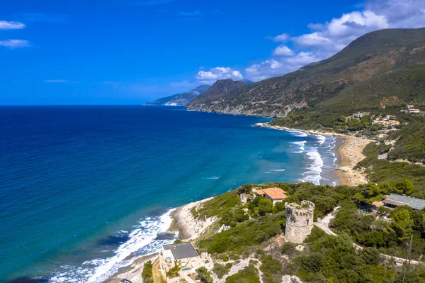 Vista Aérea Costa Córcega Con Torre Vigilancia Genovesa Cap Corse —  Fotos de Stock