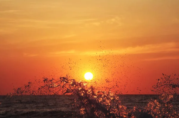 Splash van zee Golf bij zonsondergang. Tegen licht. Reis- en — Stockfoto