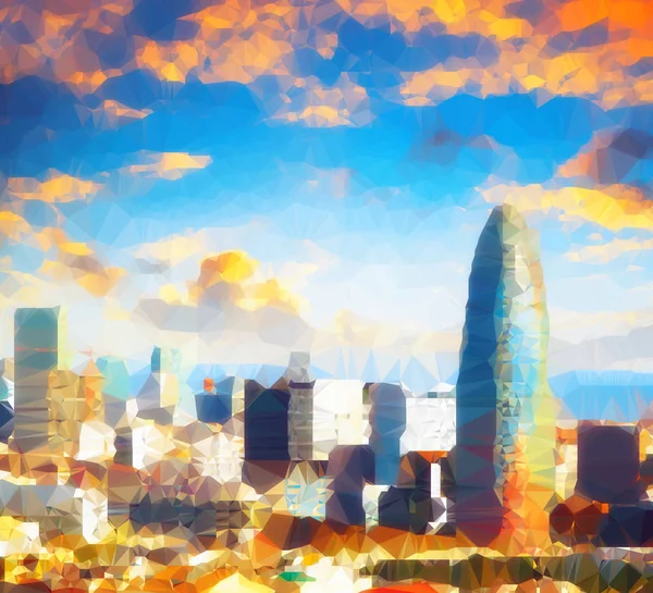 Retro barevné abstraktní polygonální ilustrace Barcelona při západu slunce — Stock fotografie
