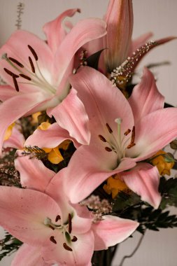 Pembe zambak buketi. Pembe çiçek deseni var. Yumuşak pastel ışık doğal bahar arkaplanı.