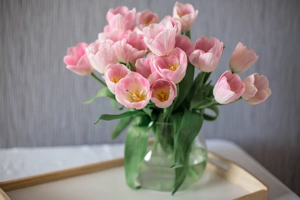 Bouquet Spring Beautiful Flowers Glass Vase Fresh Pink Tulips White — Stock Photo, Image