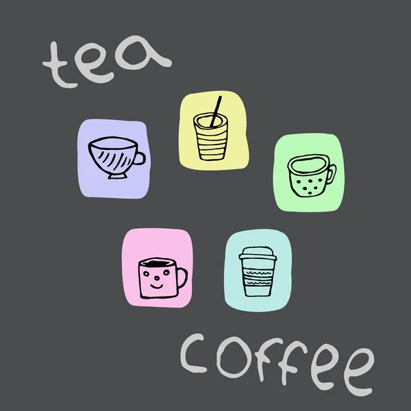 一套彩色图标与茶叶和咖啡的杯子 图库矢量图片