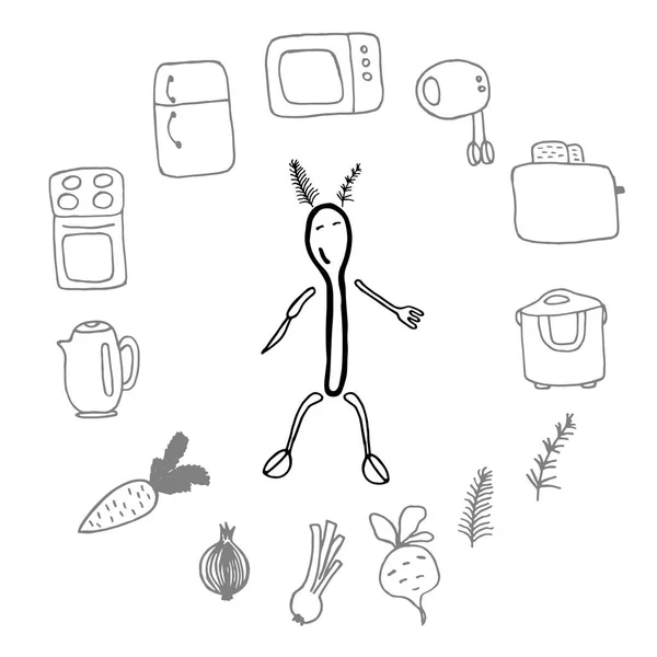 Mutfak öğeleri ve beyaz arka plan üzerinde gıda kümesi doodle