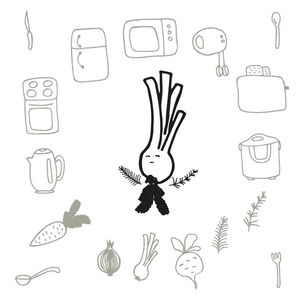 Mutfak öğeleri ve beyaz arka plan üzerinde gıda kümesi doodle