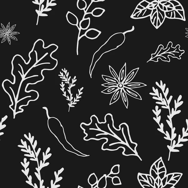 Patrones Doodle sin costuras hierbas y especias sobre fondo negro — Vector de stock