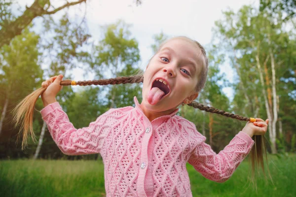 Pequeña chica divertida sosteniendo sus dos trenzas —  Fotos de Stock