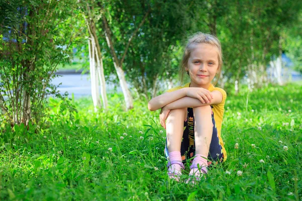 Kis lány ül a fűben — Stock Fotó