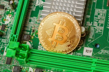 Bilgisayar devre kartında Altın Bitcoin Kripto para birimi. Makro çekim