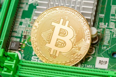 Bilgisayar devre kartında Altın Bitcoin Kripto para birimi. Makro çekim