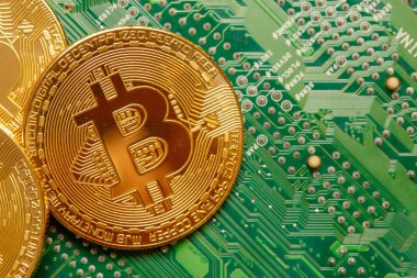 Bilgisayar devre kartında Altın Bitcoin Kripto para birimi. Makro çekim