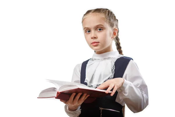 Cute Primary Learner Hold Open Book Copyspace — Zdjęcie stockowe