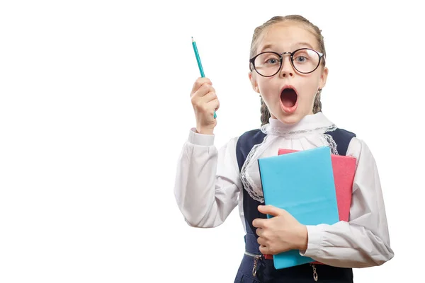 Slimme student meisje Hold Boeken Stack kijken verrast — Stockfoto