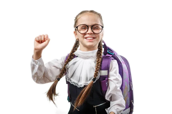 Bonita colegiala en gafas levantar manos copyspace —  Fotos de Stock