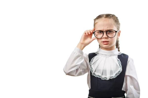 Smart Estudiante Primaria Chica Mirada Enojado Copyspace Bonita Colegiala Caucásica —  Fotos de Stock