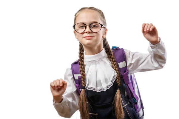 Bonita Colegiala Gafas Levantar Las Manos Copyspace Aprendizaje Caucásico Inteligente —  Fotos de Stock