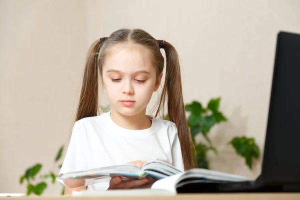 Little Cute Cheerful Girl Years Old Second Grader Does Homework — стоковое фото