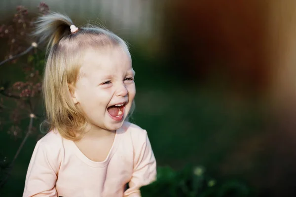 快乐的Toddler放声大笑大自然的夏日 可敬的白种人婴儿微笑享受积极的乡村风貌 英俊潇洒的金发小子出去玩快乐时光童年的概念 — 图库照片