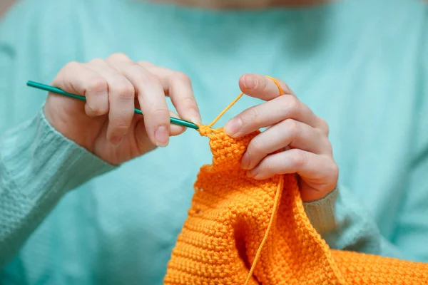 Close Woman Hand Crochet Woolen Sweater Craftswoman Knitting Bright Orange — Stock Photo, Image