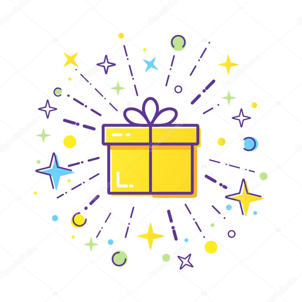 Vector line style logo gift box with a firework. Cute illustration of gift box present, greeting, surprise.