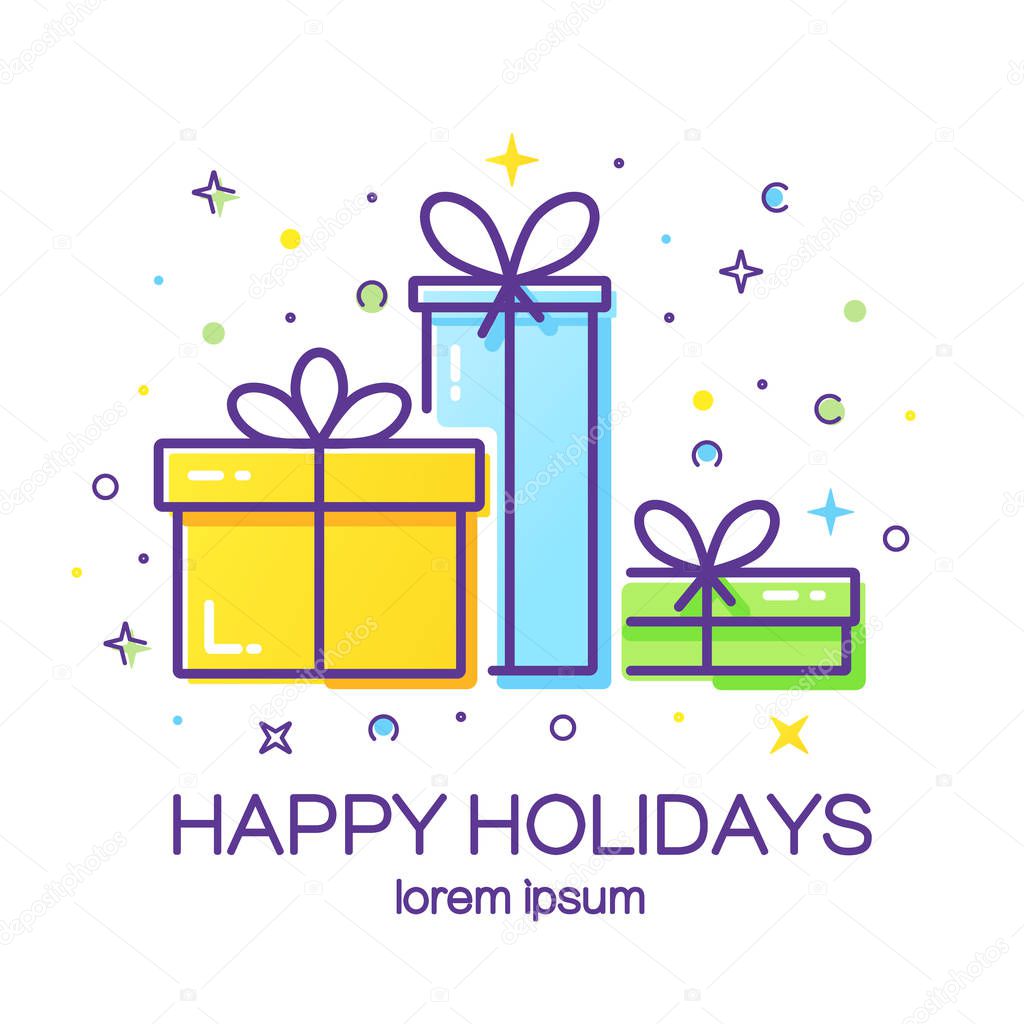 Vector greeting card with gift boxes. Easy to use business template. Cute illustration of gift box present, greeting, surprise.