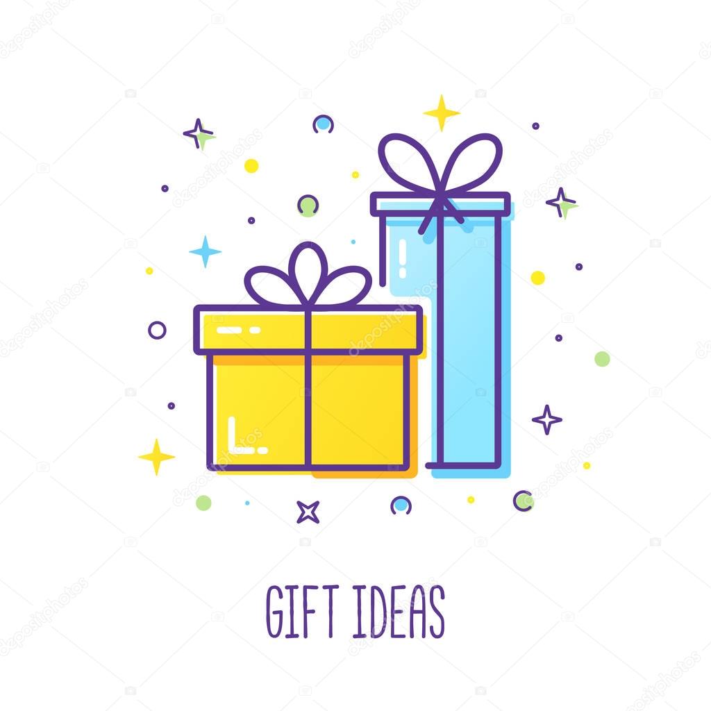 Vector line style logo with gift boxes with a bow. Easy to use business template. Cute illustration of gift box present, greeting, surprise.