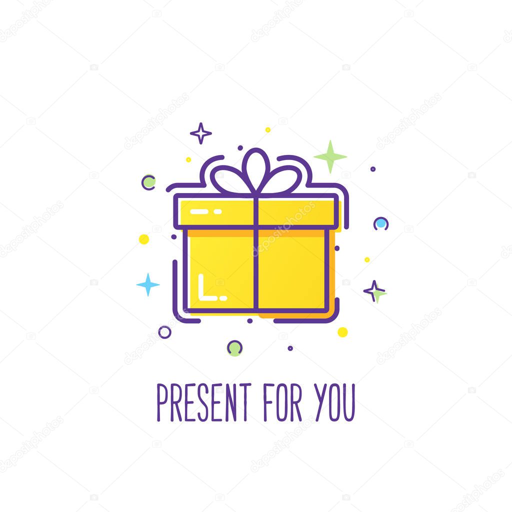 Vector line style logo gift box with a bow. Cute illustration of gift box present, greeting, surprise. Greeting box or wrap gift box.