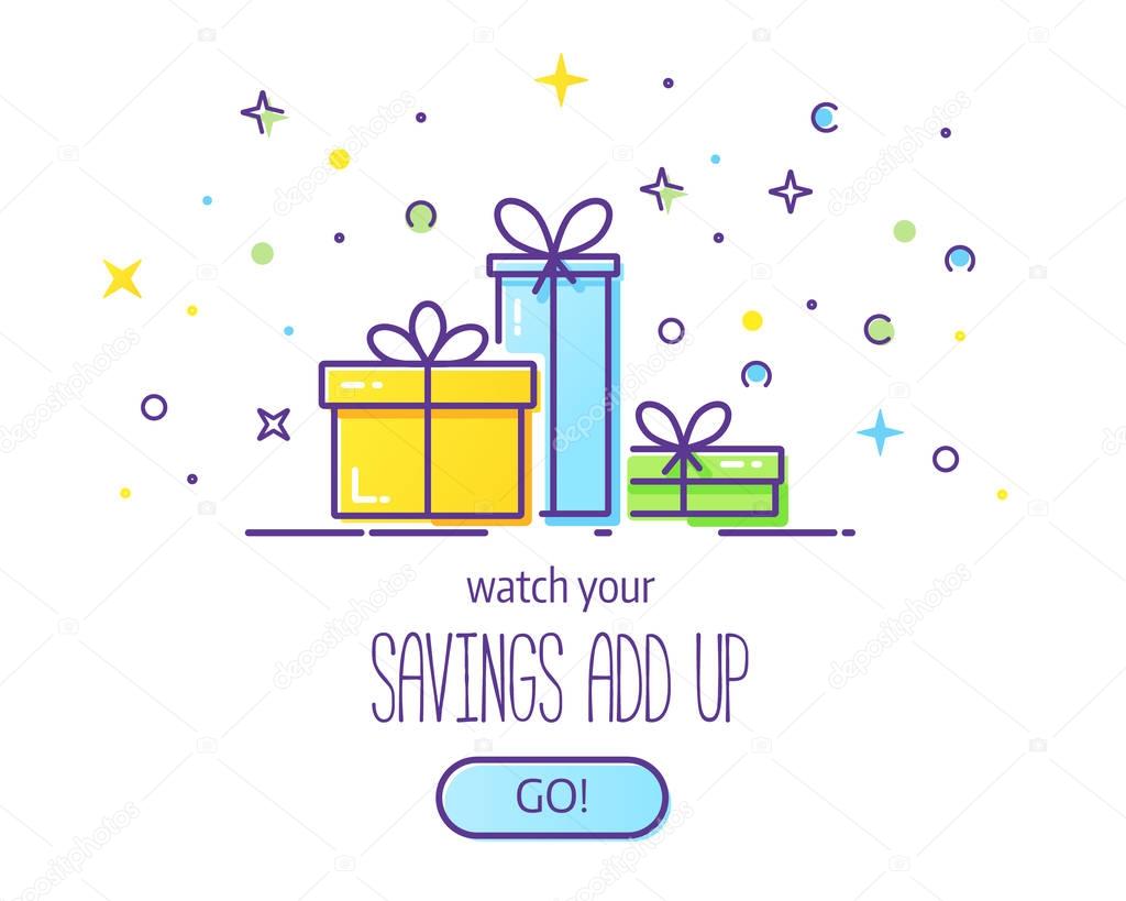 Website header vector template with gift boxes. Cute illustration of gift box present, greeting, surprise.