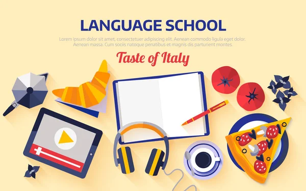 Düz tasarım web banner için İtalyanca dil okulu. — Stok Vektör