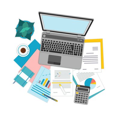 Belgeler ve dizüstü bilgisayar ile çalışma alanı'nın Üstten Görünüm.