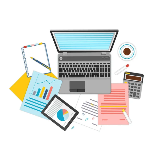 Top view of workplace with documents and laptop. — Stock Vector