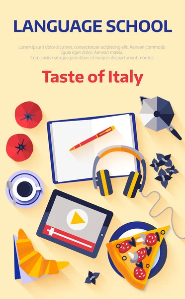 Flaches Design Web-Banner für Italienisch Sprachschule. — Stockvektor