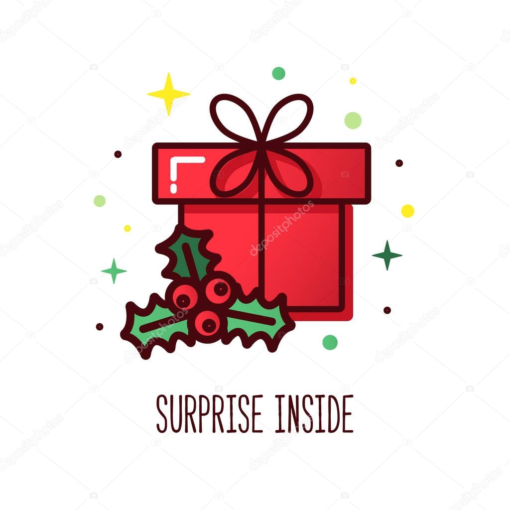 Vector line style christmas gift box. Cute illustration of gift box present, greeting, surprise. Greeting box or wrap gift box.