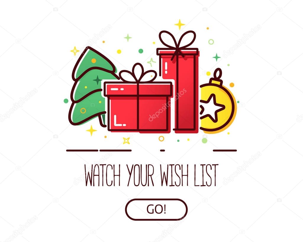 Vector banner with gift boxes and christmas tree, modern concept for wish list.