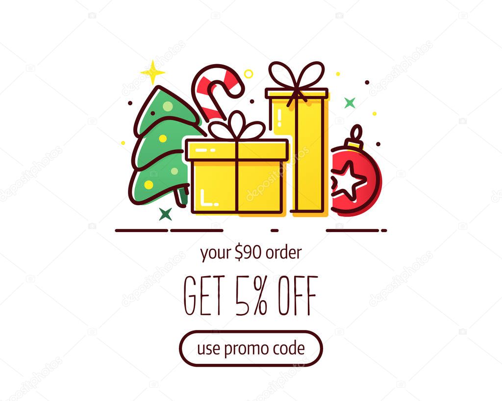 Vector banner with gift boxes and christmas tree, modern concept for wish list.