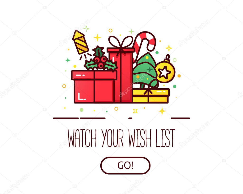 Vector banner for web with a pile of presents and gift boxes and Christmas icons, modern concept for wish list.