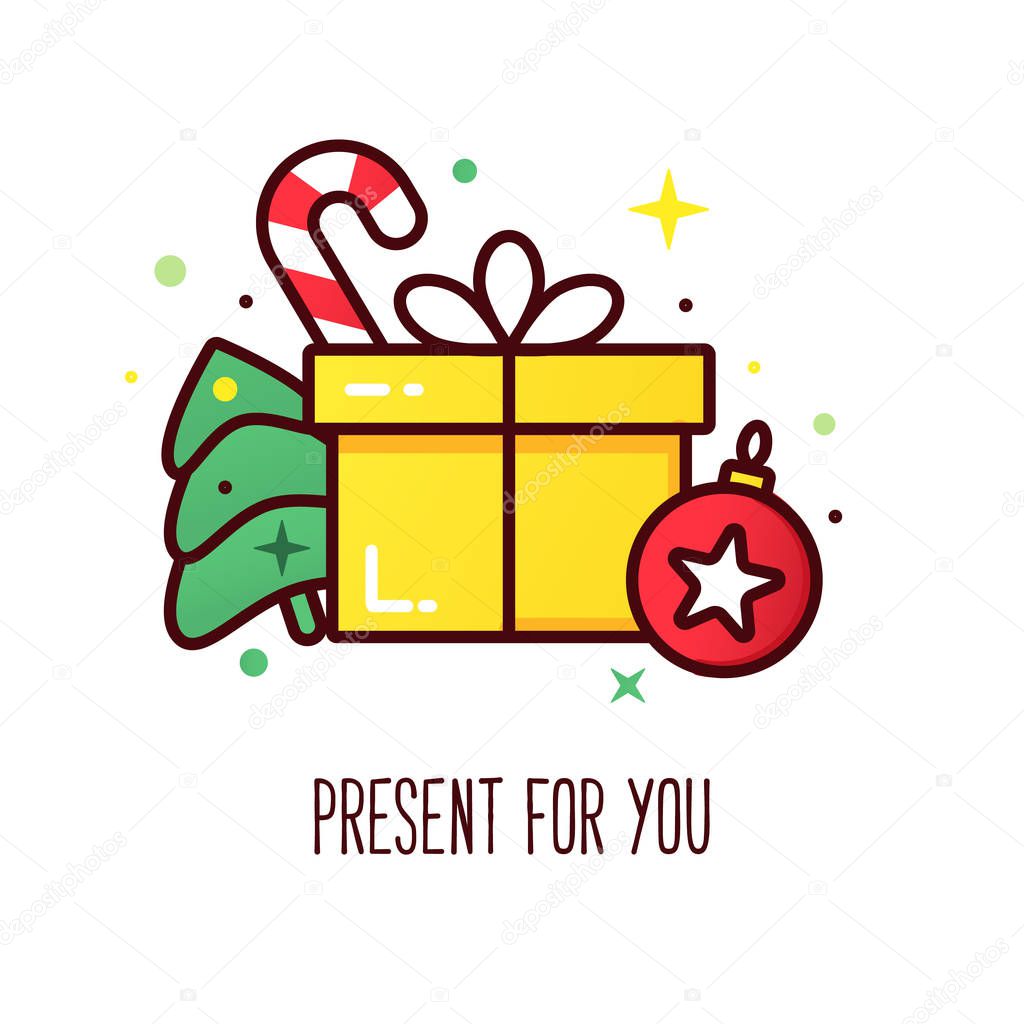 Vector Christmas presents, candy cane and christmas tree, isolated on white background, modern concept for wish list.
