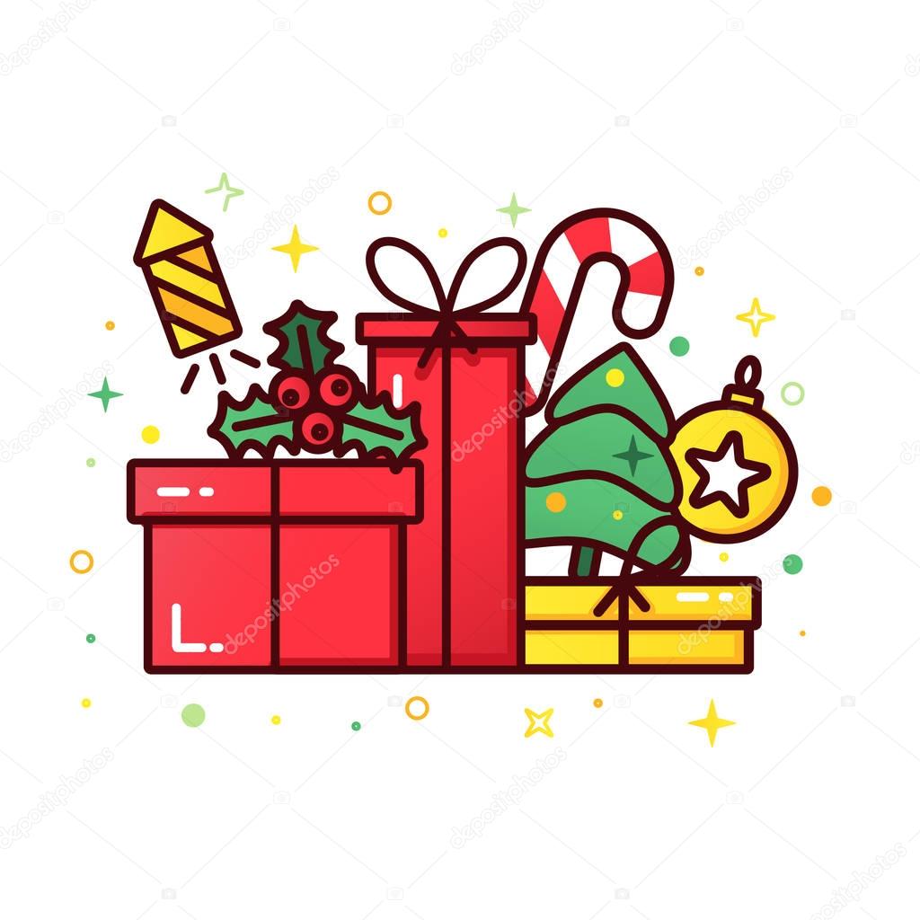 Vector banner for web with a pile of presents and gift boxes, Christmas tree, ball, holly and fireworks, modern concept for wish list.